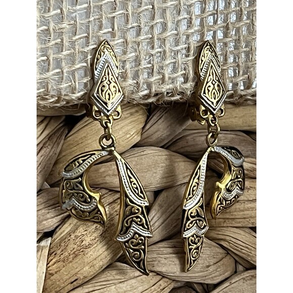 Damascene Asymmetrical Made in Spain 2" Dangle Black Silver Gold Victorian Goth - Picture 3 of 7